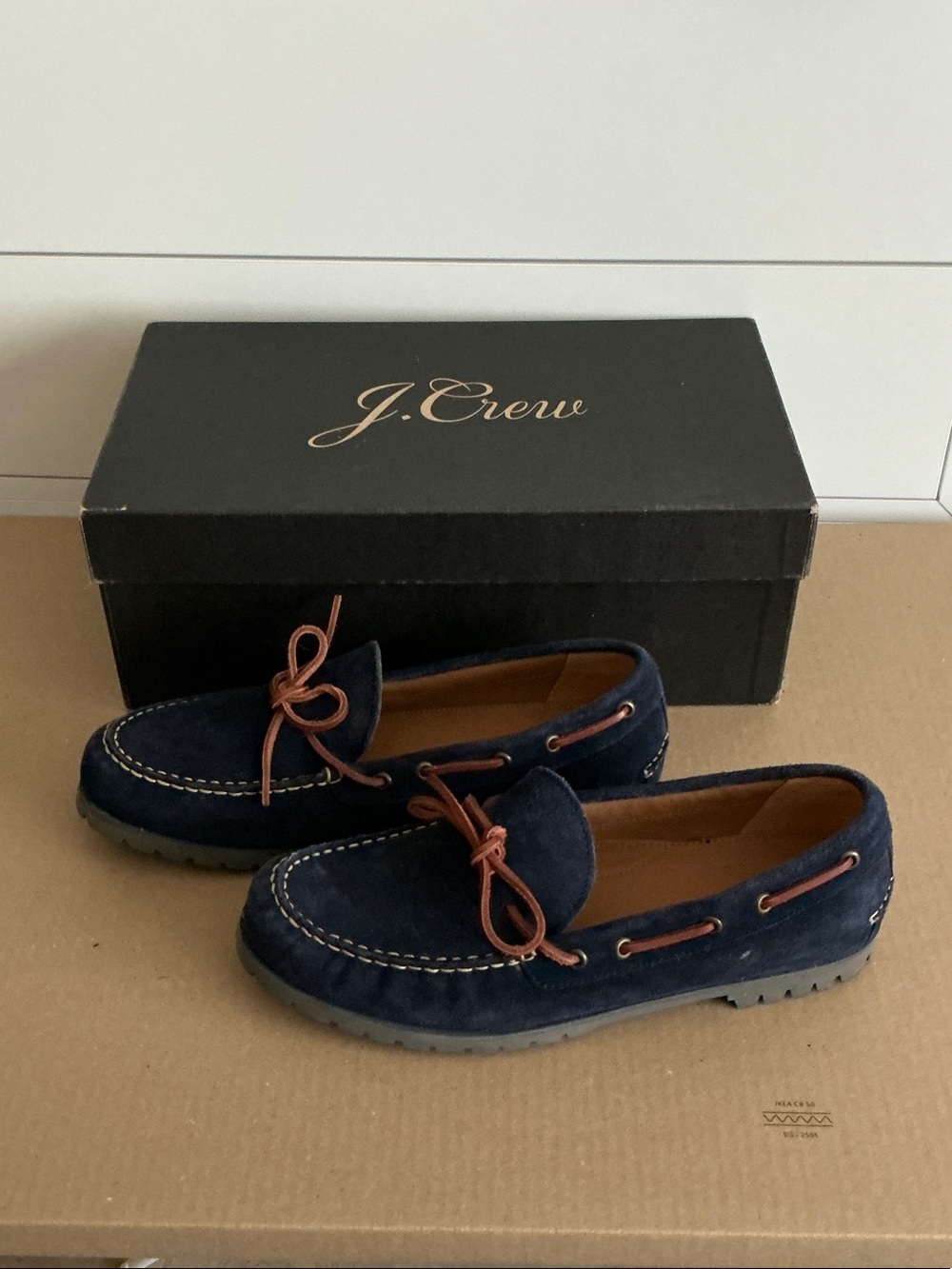 J. Crew Navy Suede Driving Loafers with Brown Lace Trim Men's size 8.5